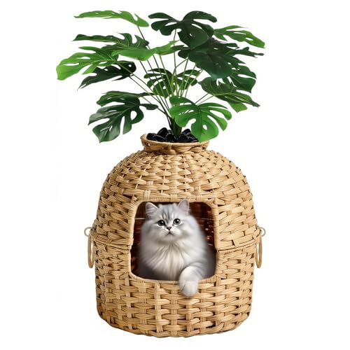LEEJARD Katzenklo XXL – Versteckte Katzentoilette aus handgeflochtenem Rattan mit Pflanze, geräumig & stilvoll, ideal für große Katzen,...