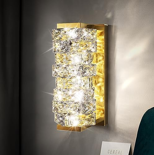 Kaiyuan Crystal Wall Sconces,Modern Dimmable LED Wall Light Fixtures,Luxury Indoor Gold Wall Lamp for Living Room Bedroom Bathroom Hallway Doorway Stairway,Bedside,Tricolor Vanity Lighting Fixture