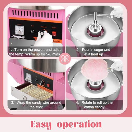 Rengue Cotton Candy Machine Commercial, 1000W Electric Cotton Candy Maker, Cotton Candy Machinewith Stainless Steel Bowl, Sugar Scoop, Storage Drawer, Perfect for Family Party, Kids Birthday