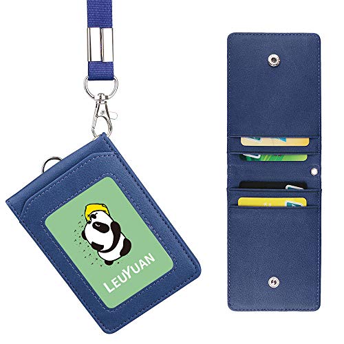 LEUYUAN Porte-badge avec lanière, Porte Badges en PU Cuir pour les bureaux ID d'école, 1 nom ID window et 4 carte slot (Bleu) Cover