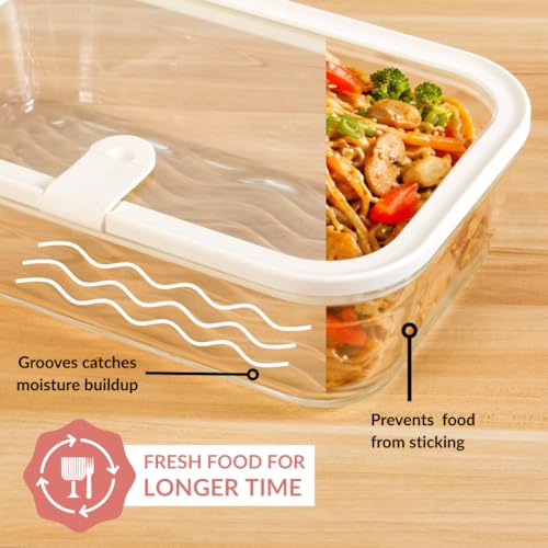 Image of Nestasia Vento Glass Containers with Lid Set of 4 (220ml x 2, 1320ml x 1, 2500ml x 1) - Microwave, Refrigerator & Dishwasher Safe Containers with Air Vent Lid for Fridge Storage (Cream)