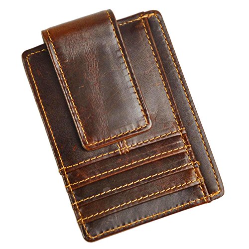 Image of Le'aokuu Genuine Leather Magnet Money Clip Credit Card Case Holder Slim Wallet