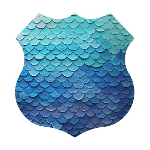 Shield Shaped Wall Art, Ocean Sea Blue Mermaid Fish Scale Print Vintage Shield Sign Retro Wall Art Decorative Metal Shield Shield Shaped Decor