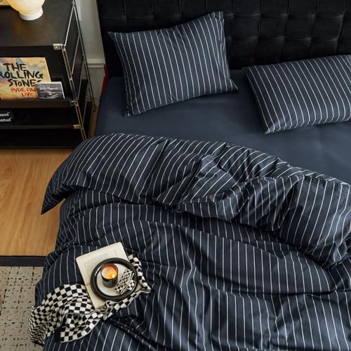 Image of Wake In Cloud - Striped Cotton Duvet Cover Set, Ticking Stripe Vertical Pinstripe Farmhouse, 100% Washed Cotton Textured Bedding Set, 3 Pieces, Navy Blue, King Size