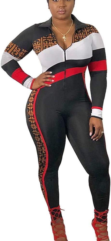 Bluewolfsea Women's One Piece Color Block Striped Bodycon Zipper Jumpsuit Skinny Romper Playsuit Long Sleeve Medium Black