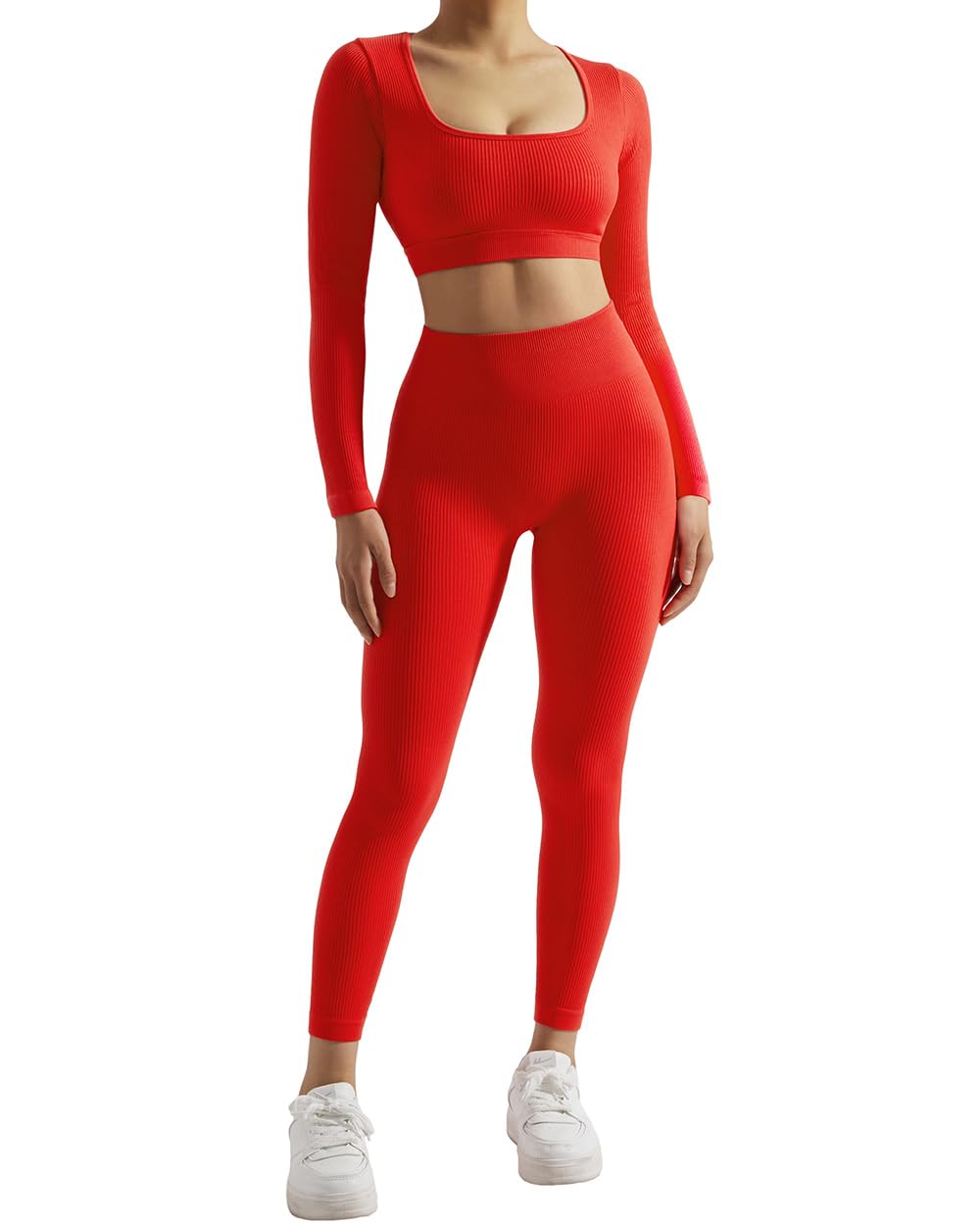 SUUKSESS 2 Piece Workout Sets for Women Long Sleeve Gym Sets Woman Butt Lifting Leggings Open Back Crop Tops: #2 Red Small