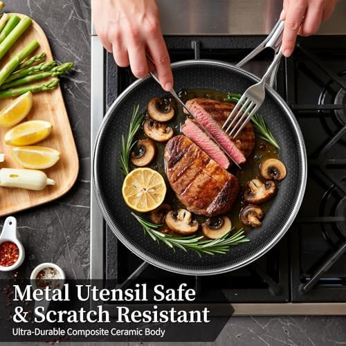Non Stick Frying Pan 11 Inch,Stainless Steel Ceramic Skillet,Nonstick Cooking Pan,PFAS PFOA PTFE Free&Non Toxic,Induction Compatible-Gas&Electric Stovetops,Oven&Dishwasher Safe, Chef's Pan - Thumbnail 2
