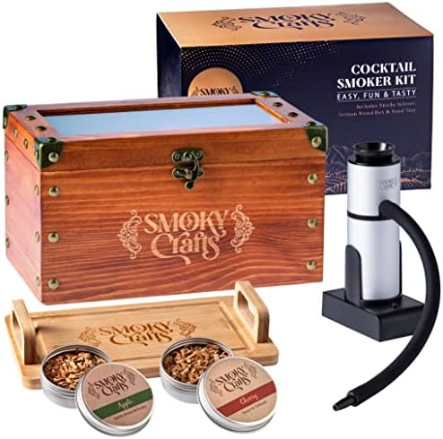 Smoky Crafts Cocktail Smoker Kit - Whiskey Smoker Kit with Smoking Gun, Cocktail Smoker Box and Wood Chips (Apple & Cherry) - Old Fashioned Smoker Kit - Bourbon Smoker Kit
