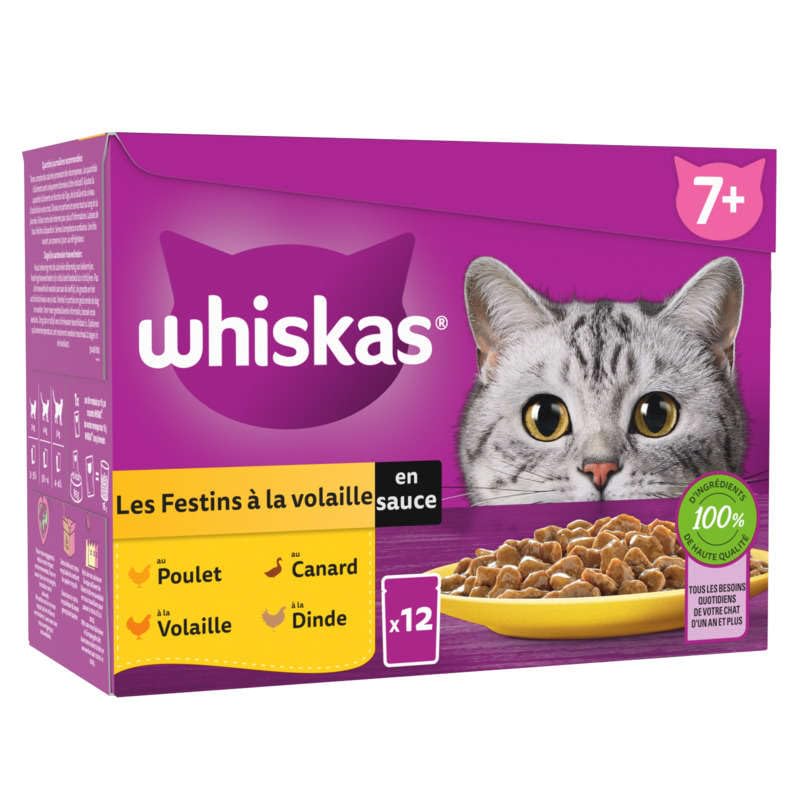 WHISKAS Les Festins - Bolsa de 4 variedades con aves, 12 x 85 g