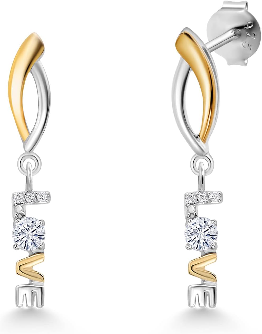 Gem Stone King Lab Grown Diamond and Moissanite Dangling Love Charm Earrings For Women By Keren Hanan | 10K Yellow Gold and 925 Sterling Silver | Fine Jewelry Gifts for Her Mom Women Wife