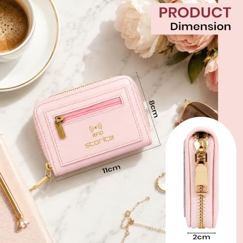 Image of Storite RFID Blocking PU Leather Card Holder Wallet for Women | 9 Slots Accordion Credit Card Case with 2 Money Compartments & Zipper Coin Pocket | Slim Travel Card Organizer Mini Purse(Light Pink)