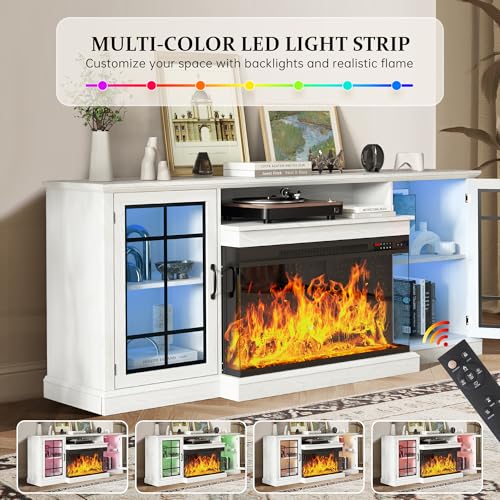 Image of MXV 70'' Fireplace TV Stand, Farmhouse Entertainment Center with 3 Sided Glass TV Stand, Modern Media Console Table with Storage Drawers & Cabinets with LED Flame and Lights for Living Room, White