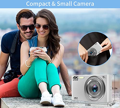 Saneen Digital Camera, 4K Cameras for Photography, 44MP Small & Compact Kids Digital Camera for Teens, Elder, Beginners, 32GB SD Card & 2 Rechargeable Batteries for Christmas Birthday Gifts - Silver - Thumbnail 7