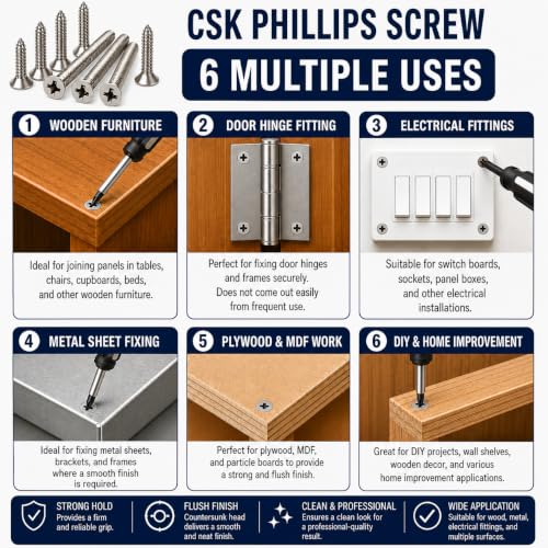Image of By inchVP INDUSTRIES inch (Pcs-50) No.2x10 mm CSK Phillips Head Self-Tapping Screw - Stainless Steel, Star Slot, Philips Drive for Wood, Plywood & Plasterboards