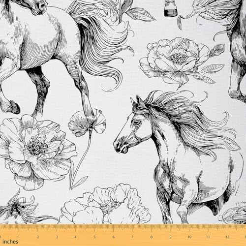 Feelyou Horse Fabric by The Yard, Kawaii Galloping Horse Upholstery Fabric for Chairs Sofa Couch, Floral Flower Sketch Style Outdoor Fabric Waterproof, 1 Yard, White Grey