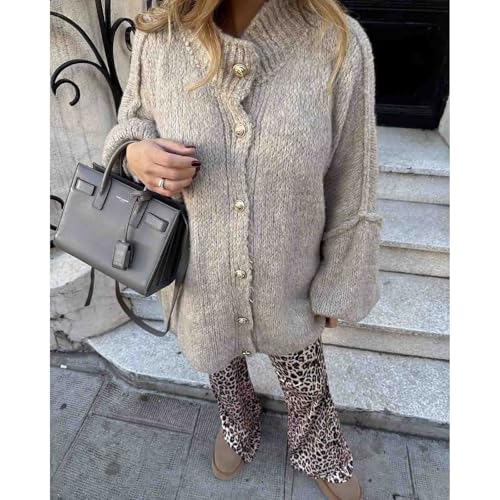 Women's Winter Button up Cardigan Wool Sweater Stand Collar Lantern Long Sleeved Thick Knitted Jacket Jacket top2