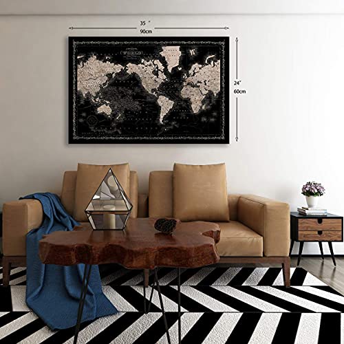 Kaupuar Vintage World Map Canvas Wall Art Retro Map Of The World Canvas Prints Framed And Stretched For Living Room Ready To Hang 35''X24'' thumb #3
