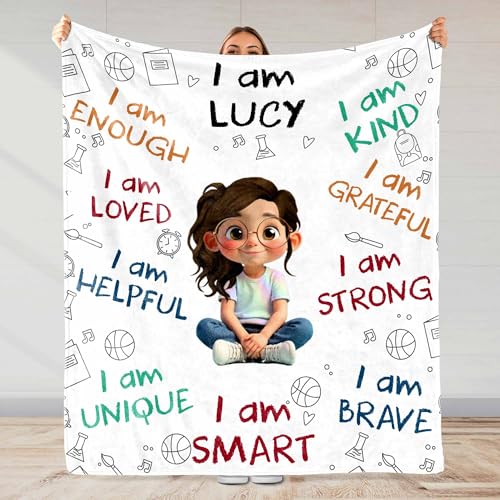 Image of Personalized Inspirational Blanket - Custom Name Fleece or Sherpa Throw and Unique Cartoon Character Blanket - Birthday Gift for Girls Kids Teens, Holiday Throw Blanket for Bed