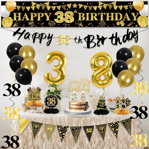 Image of 38th Birthday Decorations for Men, Black Gold 38th Party Decorations | 27pcs Happy 38th Birthdays Set: Banner, Honeycomb, Balloons, Gold Number, Candle, Hanging Swirls, Cake Topper, Party Supplies