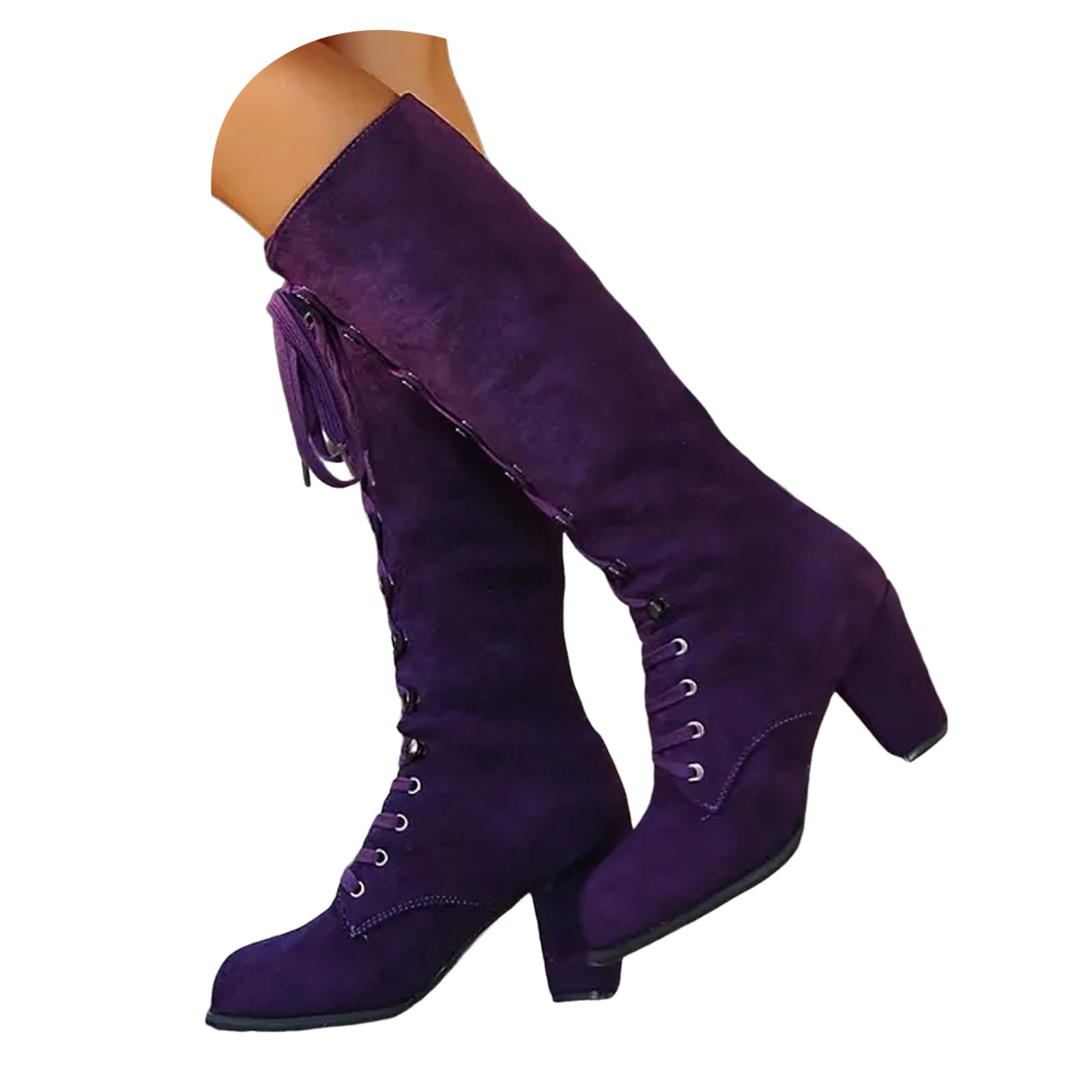 ZSpzx Women Victorian Knee High Boots Retro Suede Lace Up Chunky High Heels Round Toe Long Combat Booties