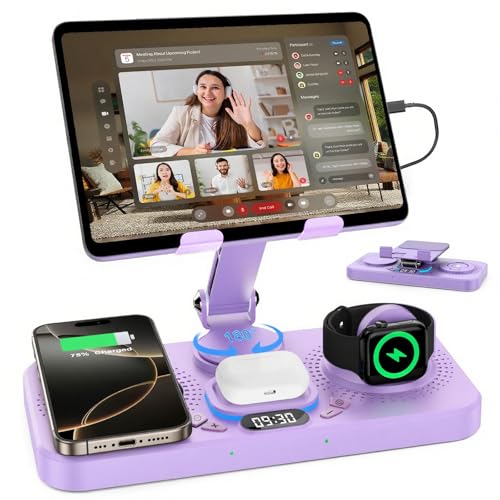 Image of 30W Charging Station for Apple Products, Foldable Wireless Charger with Clock Display&7 Color Light, Wired Charging for iPad /Tablet Charging Station for iPhone17, for Apple Watch11 for AirPods4(Purple