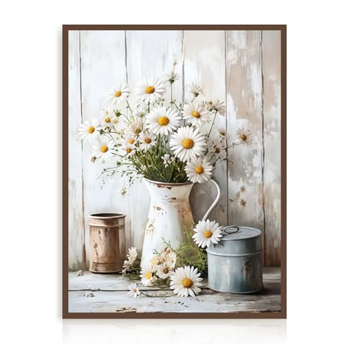 Dazzlewall Gänseblümchen Blüten Wandkunst, Vintage Rustikale Botanische Leinwanddruck für...