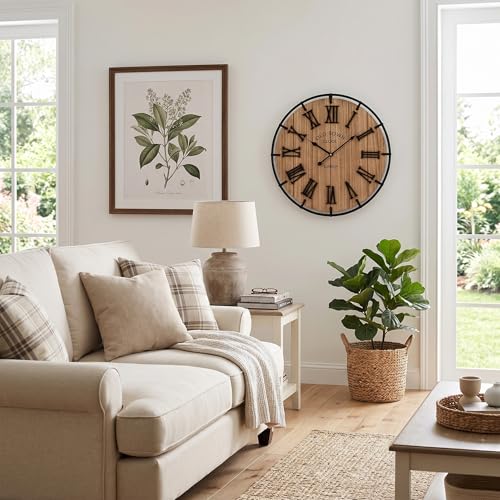 Image of EMAX HOME Inch Modern Farmhouse Wall Clock, Warm Wood-Tone Dial with Black Metal Outer Ring, Silent Non-Ticking Quartz Mechanism, Raised Roman Numerals for Bedroom, Nursery, or Living Room Wall Art