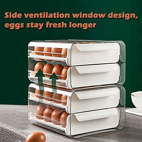 QUMENEY 32 Grid Egg Storage Box Refrigerator Drawer Type Organize Egg Container Large Capacity Clear Plastic Egg Tray Holder for Camping Space-Saving Kitchen