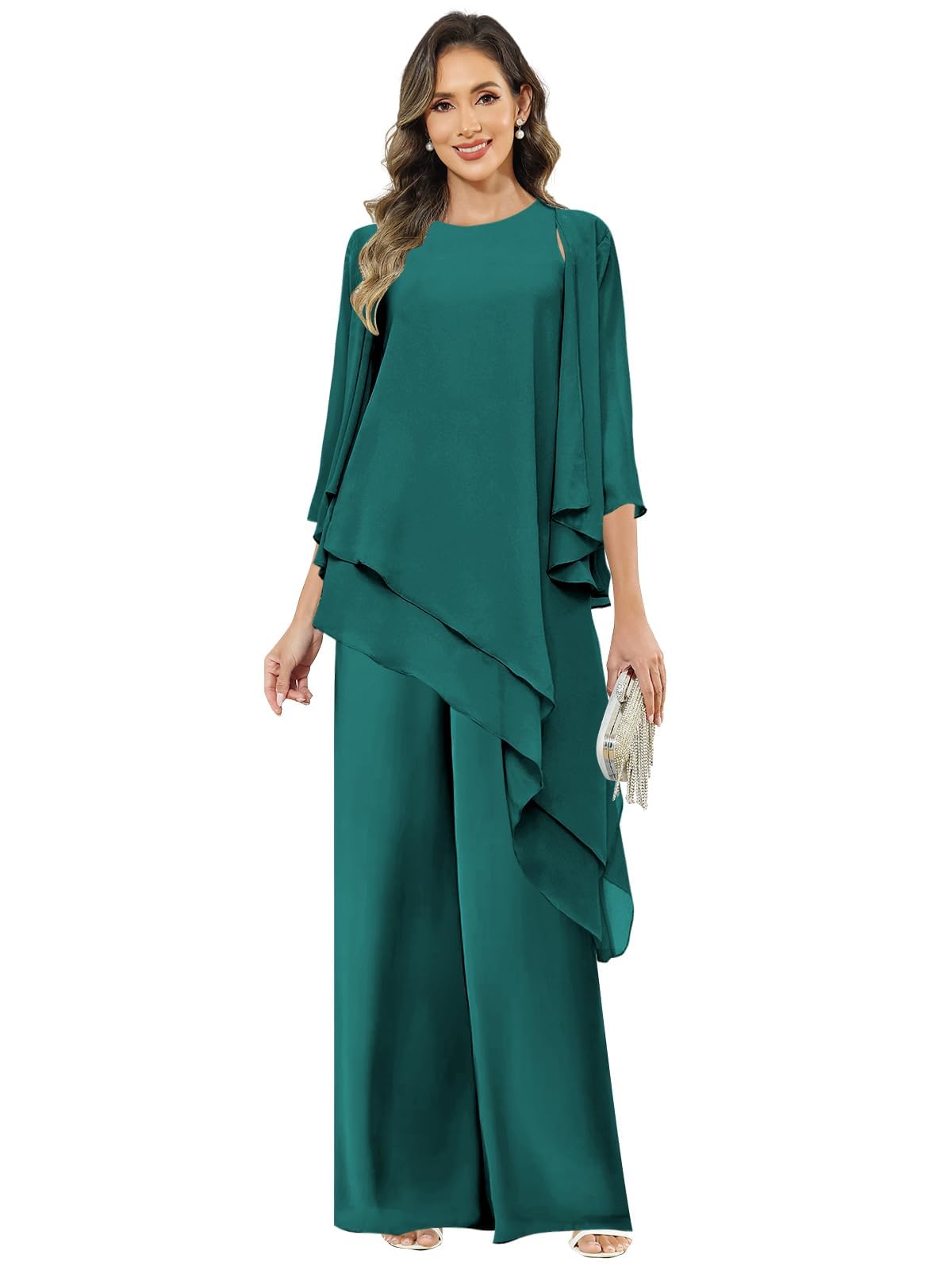 3 Stück Hosenanzug Damen Festlich Elegant,Chiffon Rüschen Mutter der Braut Hosenanzüge 3/4 Ärmel Hochzeit Jumpsuits