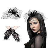 BEIMEIII 2 Stücke Schwarz Fascinator hut Set Enthalten Braut Hut Gefieder Schleier Mesh Stirnband und Blumen Spitzen Handschuhe für Party, Hochzeit, Geburtstag