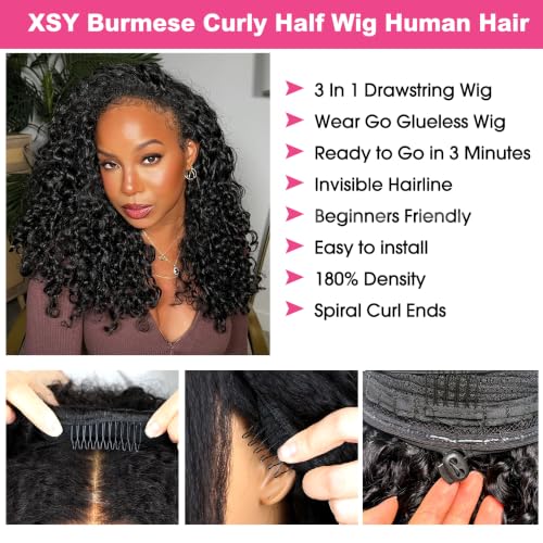 Image of Half Wig Human Hair Burmese Curly 14 Inch Spiral Curls End 180% Density 1B#