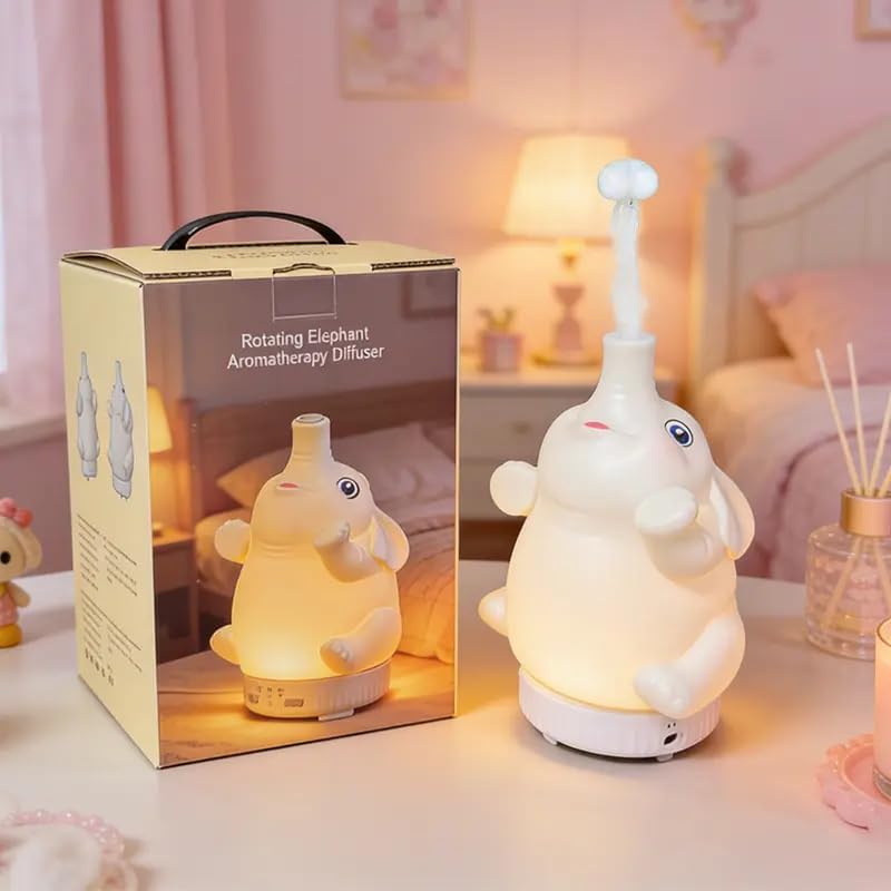 Morbou Rotating Elephant Diffuser with Color Gradient Light, Ultrasonic Silent Essential Oil Diffuser for Home Bedroom and Office, Cute Decorative Humidifier with Remote Control