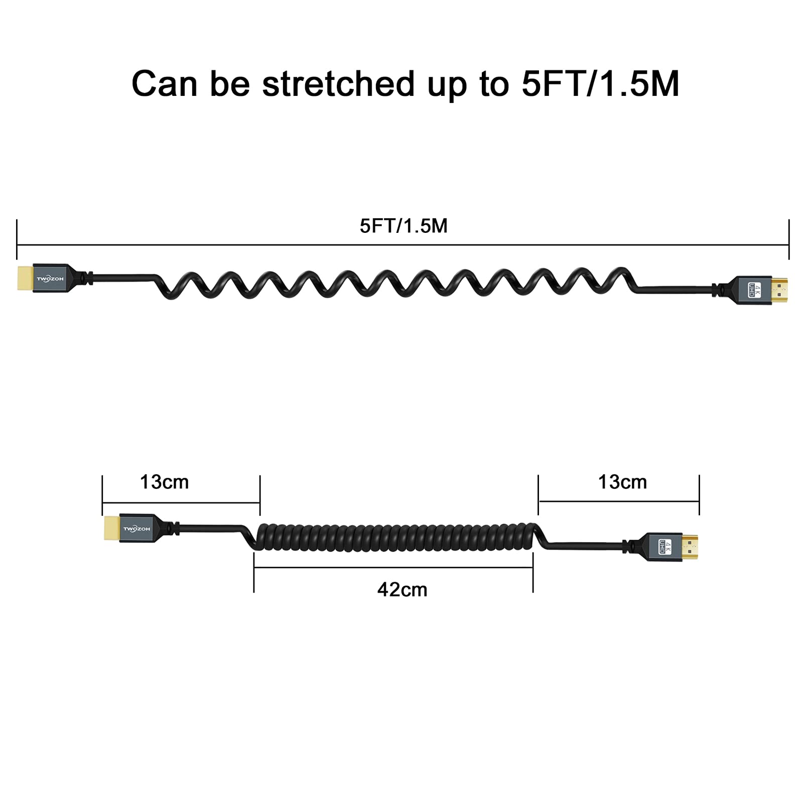 Twozoh Spirale Cavo HDMI a HDMI, Cavi HDMI maschio a maschio spirale per TV stick 3D/4K 1080p UHD HDMI 4K 2.0 prolunga HDMI 1,5M