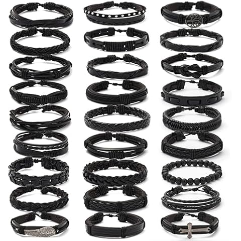 EGOINA Braided Leather Bracelet for Women Men 27 PCS Bohemia Braided Bracelet Wooden Beads Bracelet Cover