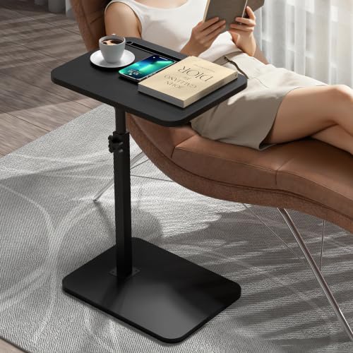 Image of Black Side Tray Table for Couch - 360 Swivel Adjustable Height Rotating Sofa Table