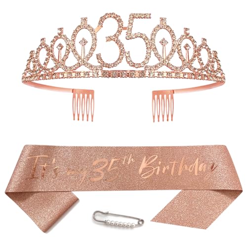 Banda de oro rosa para cumpleaños número 35 para mujer, corona de princesa, corona de reina, tiara de diamantes de imitación, diadema de cumpleaños, banda de reina, decoración de feliz cumpleaños para