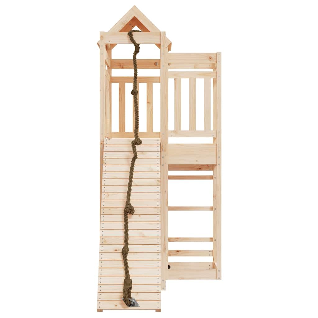Torre da gioco in legno di pino massiccio con parete da arrampicata e sabbiera per giardino e terrazza, giocattolo da giardino per bambini con scivolo, altalena, arrampicata e dondolo