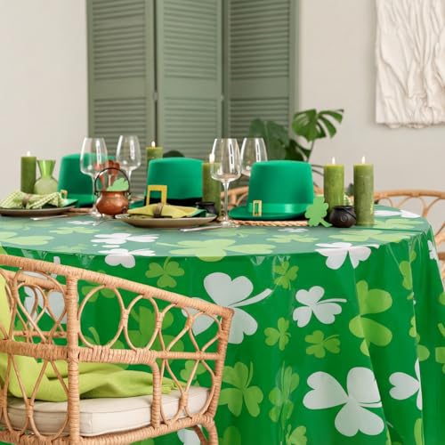 Image of Hahafelt 3 Pcs St Patricks Day Plastic Round Tablecloth 84 Inch Green Shamrock Disposable Table Cover Irish Lucky Clover Circular Table Cloth for St Patricks Day Picnic Birthday Party Decoration