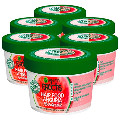 6 x Garnier Fructis Hair Food Revitalisierende Haarmaske für dreifache Anwendung mit Wassermelone mit natürlichen Inhaltsstoffen für normales und feines Haar - 6 Dosen mit je 390 ml
