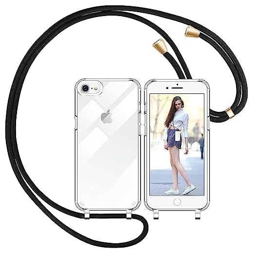 Nupcknn Handykette für iPhone 8/SE 2020/7 Hülle mit Band,Transparent Handyhülle (Abnehmbar Einstellbar) Necklace mit Kordel zum Umhängen Kameraschutz Handy Kette Stossfest Schutzhülle(1.6M,Schwarz)