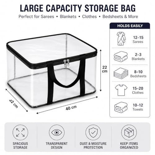Image of Zollyss PVC Saree Storage Bags Pack of 2, Transparent Clothes Organizer, 200 Micron Foldable Wardrobe Storage Box with Metal Zipper & Strong Handles for Sarees, Blankets & Clothes, 40x32x22 cm