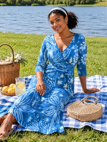 Image of PinkPatty Plus Size Maxi Dresses for Women Casual Flowy Long Dress 3 /4 Sleeve V Neck Wrap Dress with Belt
