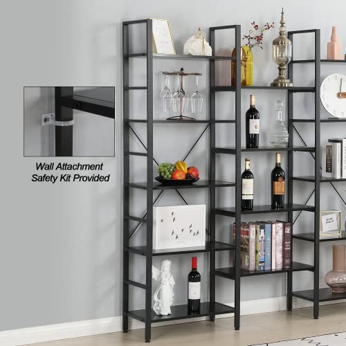 Mellcom Triple Wide 5 Tier Industrial Bookshelf, 14 Open Storage Cubes, Vintage Wood Bookcase, Cube Bookshelf With Antique Wood And Metal Frames For Living Room, Bedroom & Office, Black #TOP3