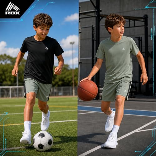 Image of RBX Boys Short Sets - 3 Piece Active Performance Short Sleeve Athletic Shirts and Gym Shorts With Elastic Waistband (4-12)