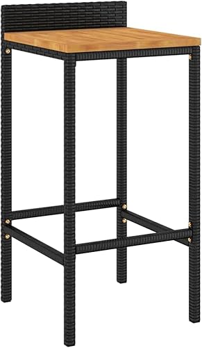 Miniatura 5 de 3-Piece Outdoor Bar Set Black Poly Rattan & Acacia Wood Patio Furniture Set with Tempered Glass Tabletop for Garden Balcony Porch Black/3