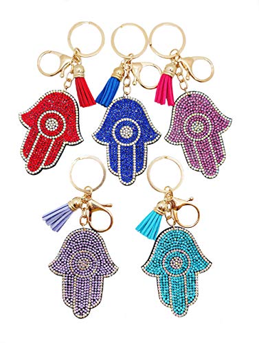 LUCKBOOSTIUM Hamsa Hand in Crystal Rhinestone Keychain w Clasp, Soft Felt Tassels - Charm Key Chains for Kids, Teens, Women and Men - Home, Bags & Car Rear View Mirror Hanging Accessories (5 Pack)