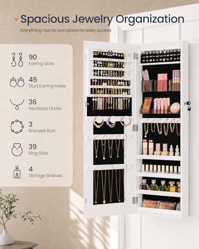 Image of SONGMICS HOME Mirror Jewelry Cabinet, Lockable Hanging Jewelry Organizer with Full-Length Mirror, Door or Wall Mounted Storage Cabinet, Adjustable LED Lights, White