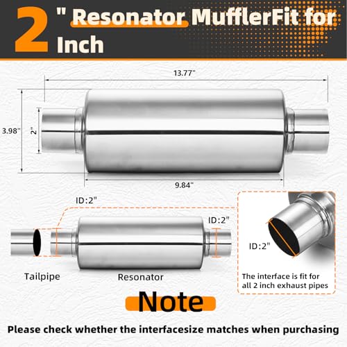 Image of A-KARCK 2 inch Inlet Exhaust Resonator, 2 inch Inlet 2 inch Outlet 13.8 inch Overall Length Muffler Resonator Stainless Steel Polished