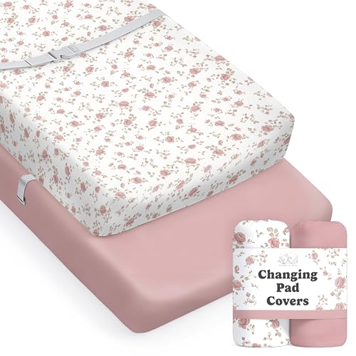 Image of Sorrel + Fern Baby Changing Pad Cover 2-Pack for Girls (Juliette) - Premium Fitted Sheets Baby Diaper Changing Table Cover - Buttery Soft Cotton Blend