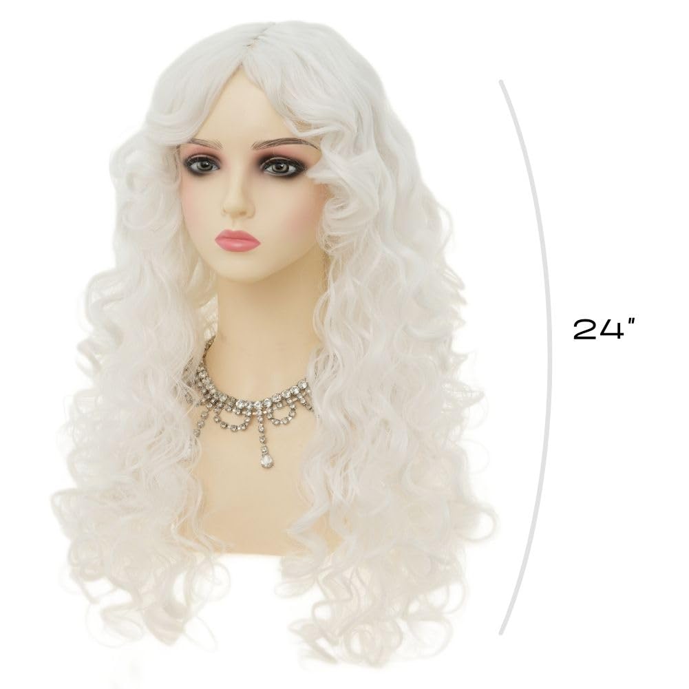 Siudus White Long Womens Curly Wig with Bangs Middle Part Wavy Wave Anime Hair Wig Synthetic Heat Resistant Fiber for Halloween Cosplay Use - Image 2